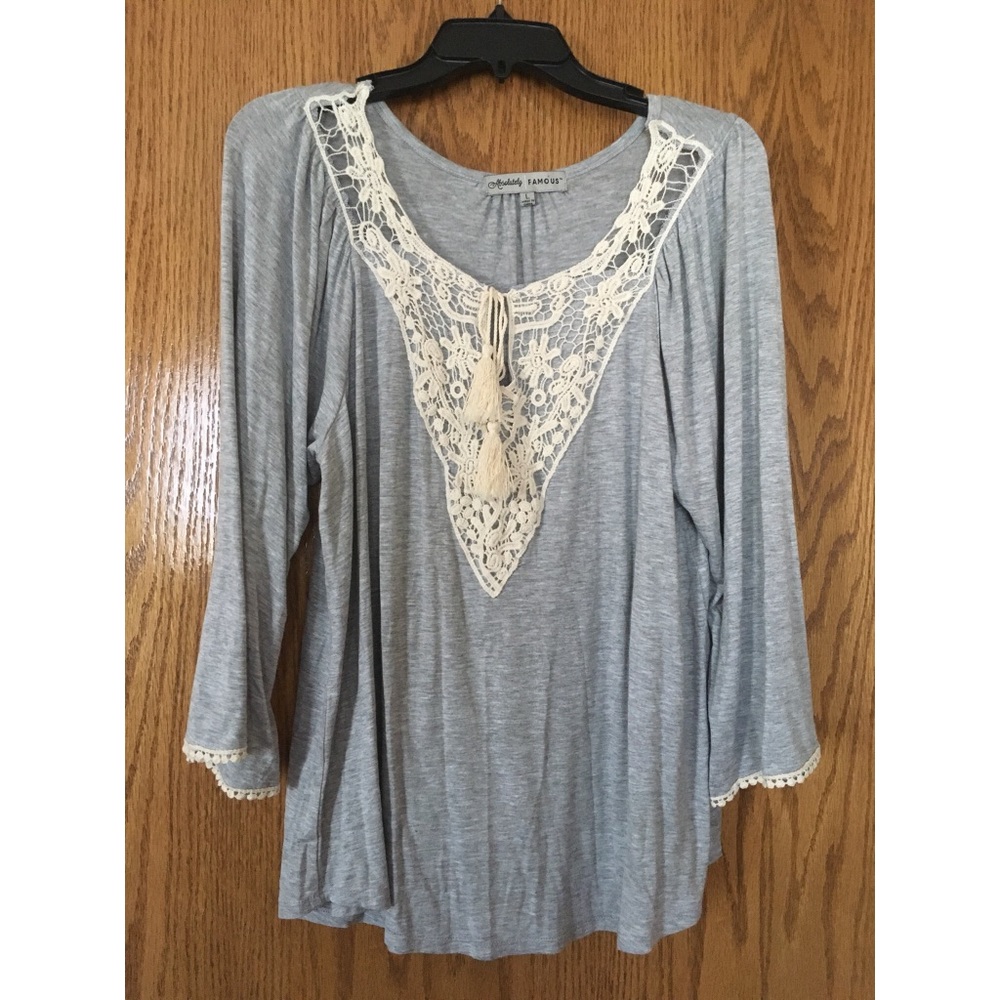 Boho gray top with lace trim